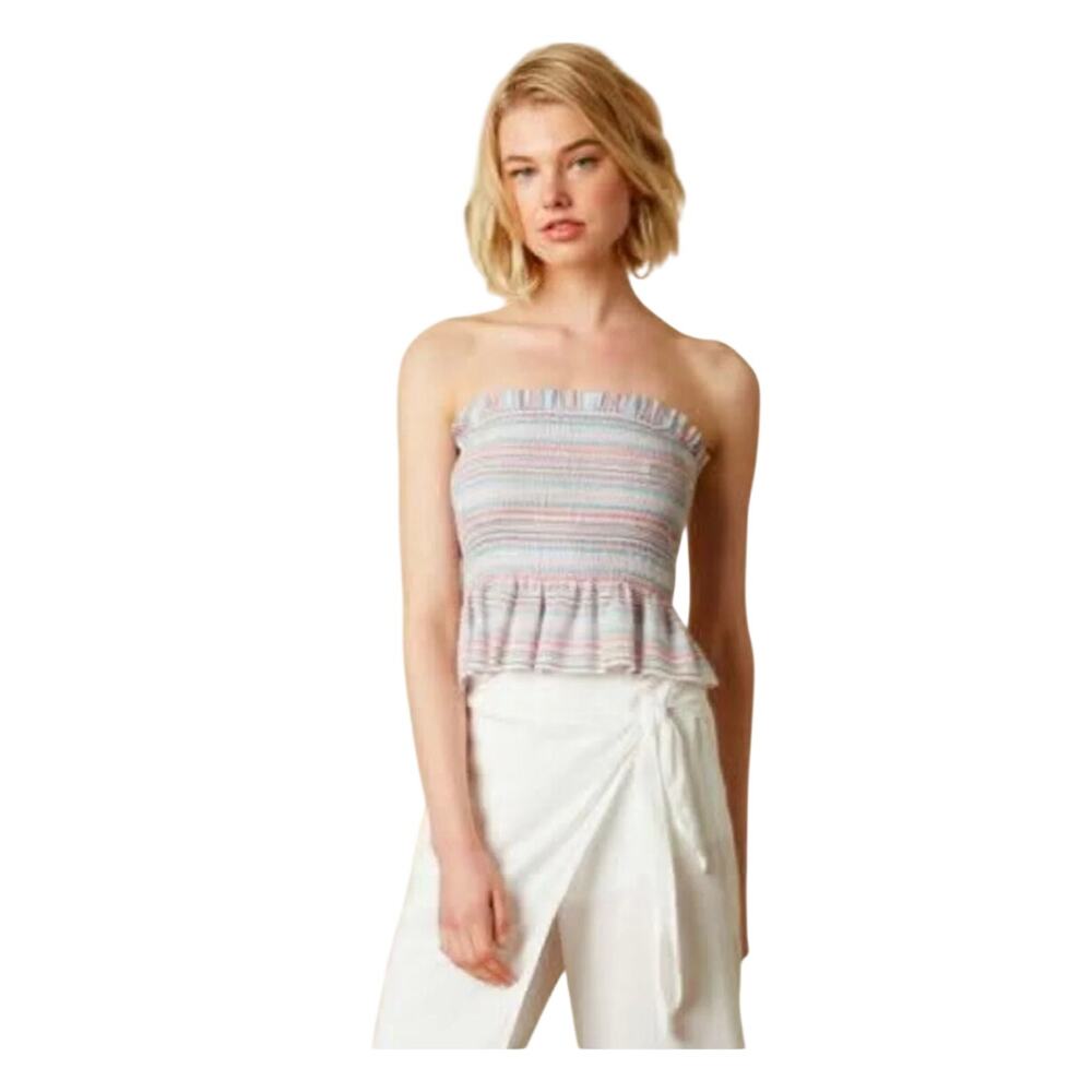 The Impeccable Pig smocked tube top, pink, blue, red striped, raw hem, ruffle, S